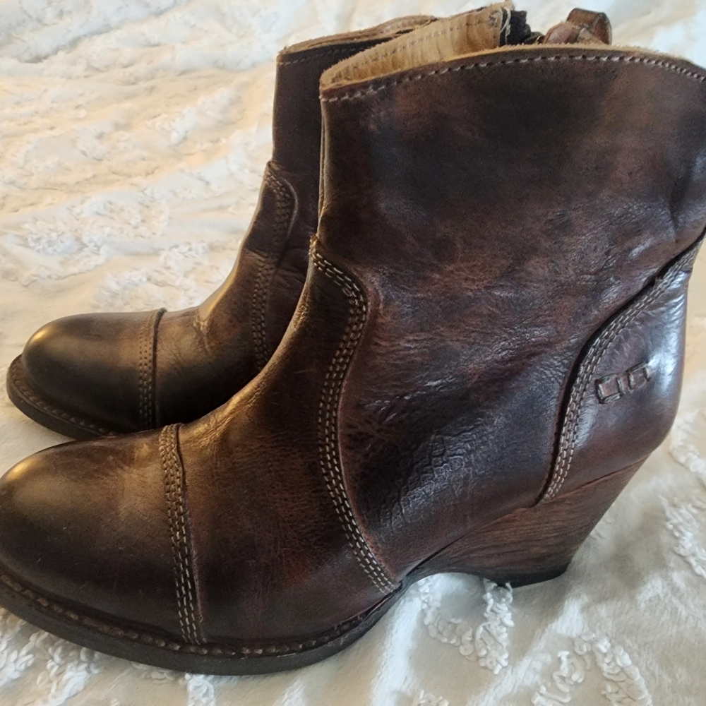 Bed Stu Brown Leather Wedge Ankle Booties